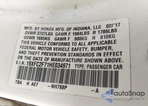 2017 Honda Civic Ex from USA, damaged, VIN 19XFC2F71HE034971